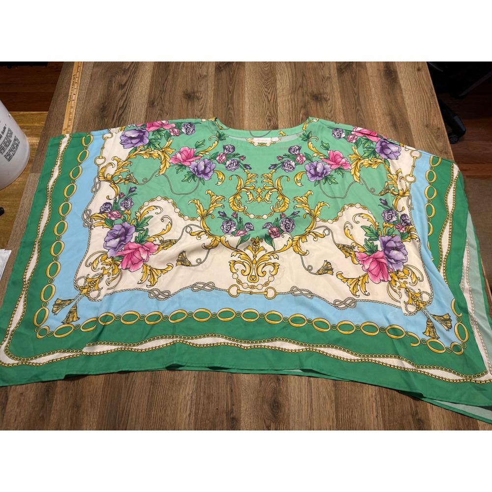 Belle by Kim Gravel Shirts Women Size 2X Green Scarf Print Poncho Floral Chain